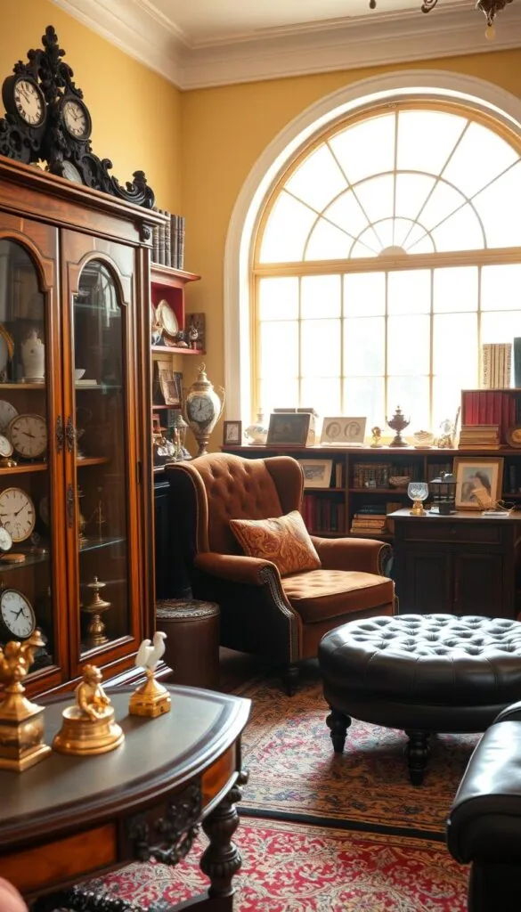 Vintage collections display: A cozy, well-lit living room showcases a carefully curated arrangement of antique curiosities. In the foreground, an ornate wooden cabinet displays a collection of vintage timepieces, porcelain figurines, and brass trinkets. The middle ground features a velvet-upholstered armchair and a tufted leather ottoman, providing a comfortable space to admire the display. The background is filled with bookshelves and a large, arched window that bathes the room in a warm, golden glow, creating a sense of timeless elegance. The overall atmosphere evokes a nostalgic, refined ambiance, inviting the viewer to step back in time and immerse themselves in the charm of a bygone era.