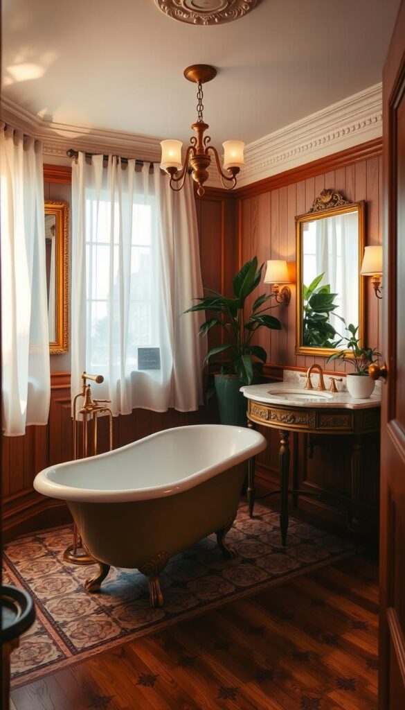 Vintage-inspired bathroom, golden-framed mirror reflecting warm lighting, claw-foot tub on antique-style tiled floor, vintage-style vanity with marble counter and brass fixtures, ornate sconces casting a soft glow, sheer curtains billowing in the breeze, lush potted plants adding natural touches, hardwood wainscoting and crown molding, overall cozy and timeless atmosphere, 50mm lens, natural lighting from large windows. Vintage-inspired bathroom, golden-framed mirror reflecting warm lighting, claw-foot tub on antique-style tiled floor, vintage-style vanity with marble counter and brass fixtures, ornate sconces casting a soft glow, sheer curtains billowing in the breeze, lush potted plants adding natural touches, hardwood wainscoting and crown molding, overall cozy and timeless atmosphere, 50mm lens, natural lighting from large windows.