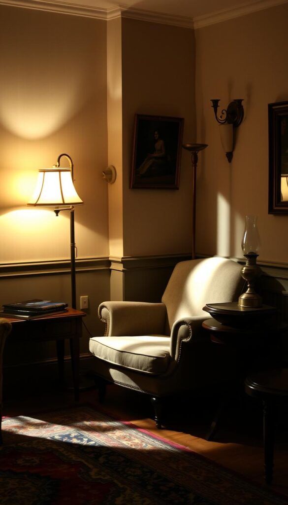 Vintage living room with a cozy, warm ambiance. Soft, diffused lighting from a brass floor lamp, a wall sconce, and a tabletop oil lamp. Wooden side tables, a plush armchair, and a Persian rug create a timeless, sophisticated atmosphere. Shadows cast gentle patterns on the walls, adding depth and character. The lighting is carefully positioned to highlight the textures and colors of the vintage furnishings, drawing the viewer's eye and inviting them to linger and soak in the atmosphere. Vintage living room with a cozy, warm ambiance. Soft, diffused lighting from a brass floor lamp, a wall sconce, and a tabletop oil lamp. Wooden side tables, a plush armchair, and a Persian rug create a timeless, sophisticated atmosphere. Shadows cast gentle patterns on the walls, adding depth and character. The lighting is carefully positioned to highlight the textures and colors of the vintage furnishings, drawing the viewer's eye and inviting them to linger and soak in the atmosphere.