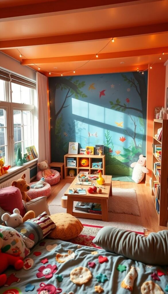 Warm, cozy kids room with vibrant, playful themes. In the foreground, whimsical bedding, plush toys, and a reading nook with beanbag chairs and shelves filled with storybooks. In the middle ground, a wooden play table with art supplies and craft materials. The background features a mural wall with a forest or underwater scene, and string lights that cast a soft, ethereal glow. Abundant natural light filters in through large windows. The overall atmosphere is one of creativity, imagination, and comfort, perfect for sparking a child's wonder and exploration.