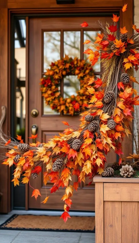 Welcoming fall front door decoration with natural elements. A charming entryway adorned with a rustic wooden door frame, accented by an array of seasonal foliage. In the foreground, a lush garland of autumn leaves, pinecones, and twigs cascades elegantly across the threshold. Vibrant pops of orange, red, and gold foliage create a warm, inviting atmosphere. Complementing the natural elements, a wooden bench or planter box sits to the side, adding a cozy touch. Soft, diffused natural lighting filters through, illuminating the textures and colors. The overall scene evokes a sense of seasonal transition and beckons guests to step inside and experience the comforts of fall.