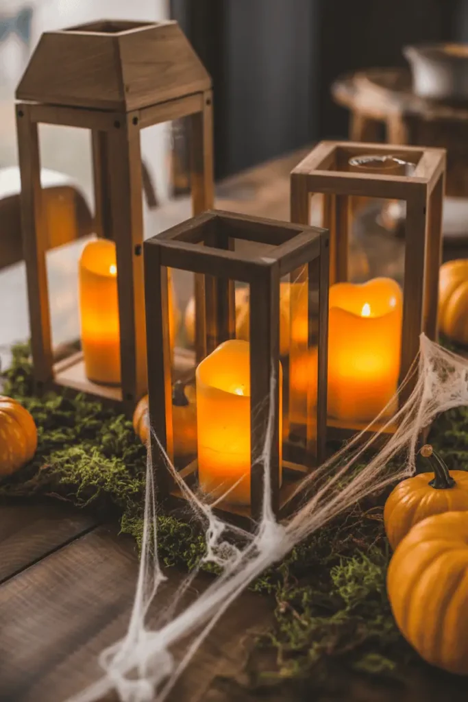 Rustic wooden lanterns glowing with orange LED candles surrounded by cobwebs and pumpkins on a Halloween table.
