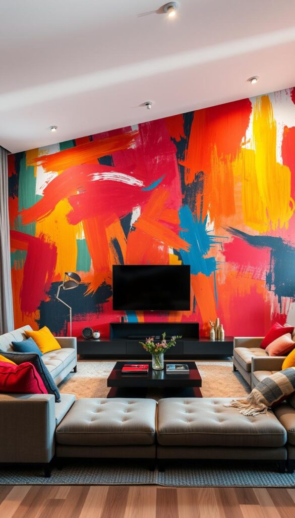 a colorful, visually striking living room with a statement wall as the focal point. a large, vibrant abstract mural or painting takes up the entire wall, featuring bold, expressive brushstrokes in a variety of rich, saturated colors like reds, oranges, yellows, blues, and greens. the mural has a sense of movement and dynamism, creating an eye-catching, dramatic backdrop for the living space. the room is bathed in warm, directional lighting that accentuates the colors and textures of the statement wall, casting interesting shadows and highlights. sleek, modern furniture in muted tones complements the vivid wall art, while plush, colorful textiles and decor elements tie the whole design together, resulting in a harmonious, sophisticated living room that showcases the power of a bold statement wall. a colorful, visually striking living room with a statement wall as the focal point. a large, vibrant abstract mural or painting takes up the entire wall, featuring bold, expressive brushstrokes in a variety of rich, saturated colors like reds, oranges, yellows, blues, and greens. the mural has a sense of movement and dynamism, creating an eye-catching, dramatic backdrop for the living space. the room is bathed in warm, directional lighting that accentuates the colors and textures of the statement wall, casting interesting shadows and highlights. sleek, modern furniture in muted tones complements the vivid wall art, while plush, colorful textiles and decor elements tie the whole design together, resulting in a harmonious, sophisticated living room that showcases the power of a bold statement wall.