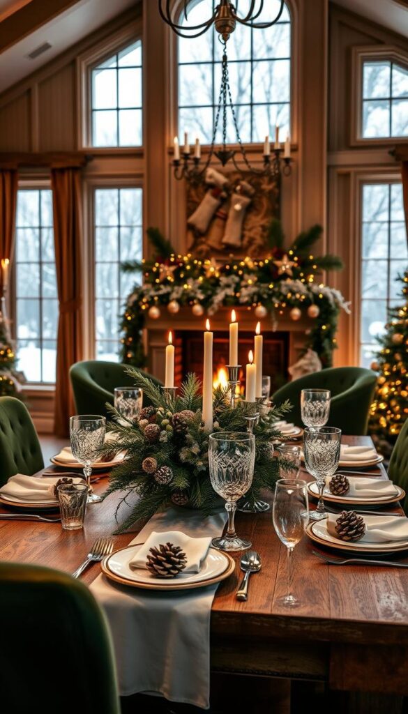 a cozy and festive winter dining room with a beautifully decorated table set for a magical gathering. in the foreground, a large wooden table is laid with crisp white linens, sparkling crystal glassware, and an elegant centerpiece featuring a mix of pinecones, frosted branches, and twinkling candles. the middle ground showcases tall, frosty windows framing a snowy outdoor scene, and plush, velvet-upholstered chairs in a deep, rich green. the background is filled with warm, golden light from a grand fireplace, casting a soft, inviting glow over the entire space. the mood is one of festive elegance and seasonal charm, creating an enchanting atmosphere perfect for celebrating the winter season. a cozy and festive winter dining room with a beautifully decorated table set for a magical gathering. in the foreground, a large wooden table is laid with crisp white linens, sparkling crystal glassware, and an elegant centerpiece featuring a mix of pinecones, frosted branches, and twinkling candles. the middle ground showcases tall, frosty windows framing a snowy outdoor scene, and plush, velvet-upholstered chairs in a deep, rich green. the background is filled with warm, golden light from a grand fireplace, casting a soft, inviting glow over the entire space. the mood is one of festive elegance and seasonal charm, creating an enchanting atmosphere perfect for celebrating the winter season.