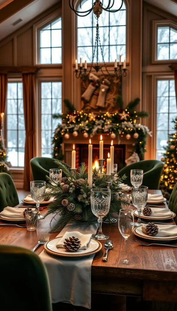 a cozy and festive winter dining room with a beautifully decorated table set for a magical gathering. in the foreground, a large wooden table is laid with crisp white linens, sparkling crystal glassware, and an elegant centerpiece featuring a mix of pinecones, frosted branches, and twinkling candles. the middle ground showcases tall, frosty windows framing a snowy outdoor scene, and plush, velvet-upholstered chairs in a deep, rich green. the background is filled with warm, golden light from a grand fireplace, casting a soft, inviting glow over the entire space. the mood is one of festive elegance and seasonal charm, creating an enchanting atmosphere perfect for celebrating the winter season.