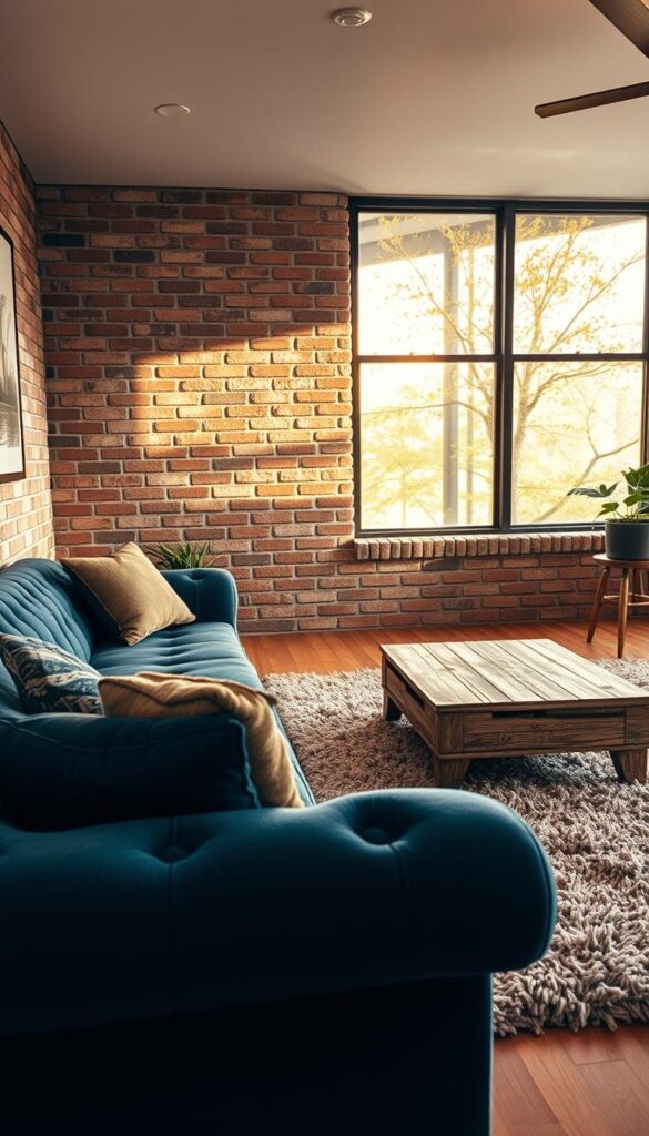 a cozy and inviting living room with a focus on textured elements. the foreground features a plush, tufted velvet sofa in a rich, jewel-toned hue, complemented by a soft, shaggy area rug with a visually interesting pattern. the middle ground showcases a wooden coffee table with a weathered, distressed finish, adding warmth and character to the space. in the background, a brick accent wall with uneven, textured bricks creates a striking visual contrast, while a large, oversized window allows natural light to flood the room, casting a warm, golden glow. the lighting is soft and ambient, creating a cozy and relaxing atmosphere. the overall design evokes a sense of comfort and elegance, with the textures adding depth and visual interest to the living room. a cozy and inviting living room with a focus on textured elements. the foreground features a plush, tufted velvet sofa in a rich, jewel-toned hue, complemented by a soft, shaggy area rug with a visually interesting pattern. the middle ground showcases a wooden coffee table with a weathered, distressed finish, adding warmth and character to the space. in the background, a brick accent wall with uneven, textured bricks creates a striking visual contrast, while a large, oversized window allows natural light to flood the room, casting a warm, golden glow. the lighting is soft and ambient, creating a cozy and relaxing atmosphere. the overall design evokes a sense of comfort and elegance, with the textures adding depth and visual interest to the living room.