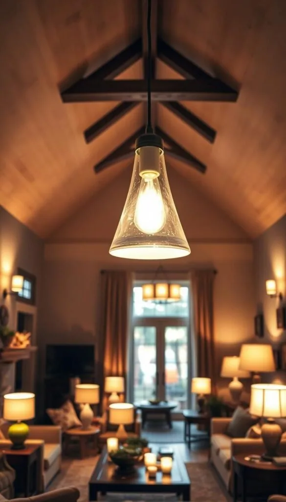 a cozy and inviting modern cottage living room, filled with warm, ambient lighting. in the foreground, a central pendant light hangs low, casting a soft glow over the room. on the walls, sconces with muted glass shades add gentle illumination. in the middle ground, a mix of table lamps and floor lamps create layers of light, highlighting architectural details and furnishings. the overall atmosphere is one of modern rustic charm, with the lighting elements seamlessly blending functionality and aesthetic. the scene is captured with a wide-angle lens, emphasizing the sense of spaciousness and natural harmony.