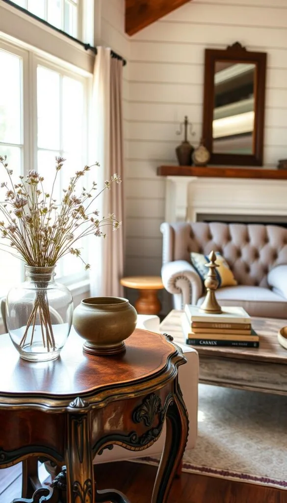 a cozy and inviting vintage farmhouse-inspired living room, bathed in warm natural lighting streaming through large windows. In the foreground, an ornate antique side table showcases a collection of budget-friendly but stylish accessories - a glass vase filled with wildflowers, a rustic ceramic bowl, and a decorative tarnished brass candlestick. The middle ground features a plush tufted armchair and a weathered wood coffee table, accented with a stacked pile of vintage books and a decorative tray. In the background, whitewashed shiplap walls and a distressed wood mantel with a simple mirror frame create a charming, lived-in ambiance. a cozy and inviting vintage farmhouse-inspired living room, bathed in warm natural lighting streaming through large windows. In the foreground, an ornate antique side table showcases a collection of budget-friendly but stylish accessories - a glass vase filled with wildflowers, a rustic ceramic bowl, and a decorative tarnished brass candlestick. The middle ground features a plush tufted armchair and a weathered wood coffee table, accented with a stacked pile of vintage books and a decorative tray. In the background, whitewashed shiplap walls and a distressed wood mantel with a simple mirror frame create a charming, lived-in ambiance.
