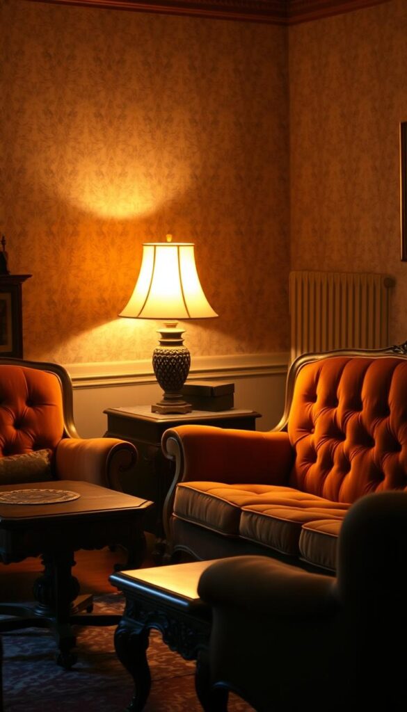 a cozy and nostalgic vintage living room, bathed in warm, soft lighting from a brass floor lamp with a tasseled shade, casting a gentle glow over a plush velvet sofa with tufted upholstery and wooden frame, complemented by a matching armchair and an ornate wooden coffee table with intricate carvings, all set against a backdrop of floral wallpaper with a subtle, faded pattern, creating an inviting and timeless atmosphere a cozy and nostalgic vintage living room, bathed in warm, soft lighting from a brass floor lamp with a tasseled shade, casting a gentle glow over a plush velvet sofa with tufted upholstery and wooden frame, complemented by a matching armchair and an ornate wooden coffee table with intricate carvings, all set against a backdrop of floral wallpaper with a subtle, faded pattern, creating an inviting and timeless atmosphere