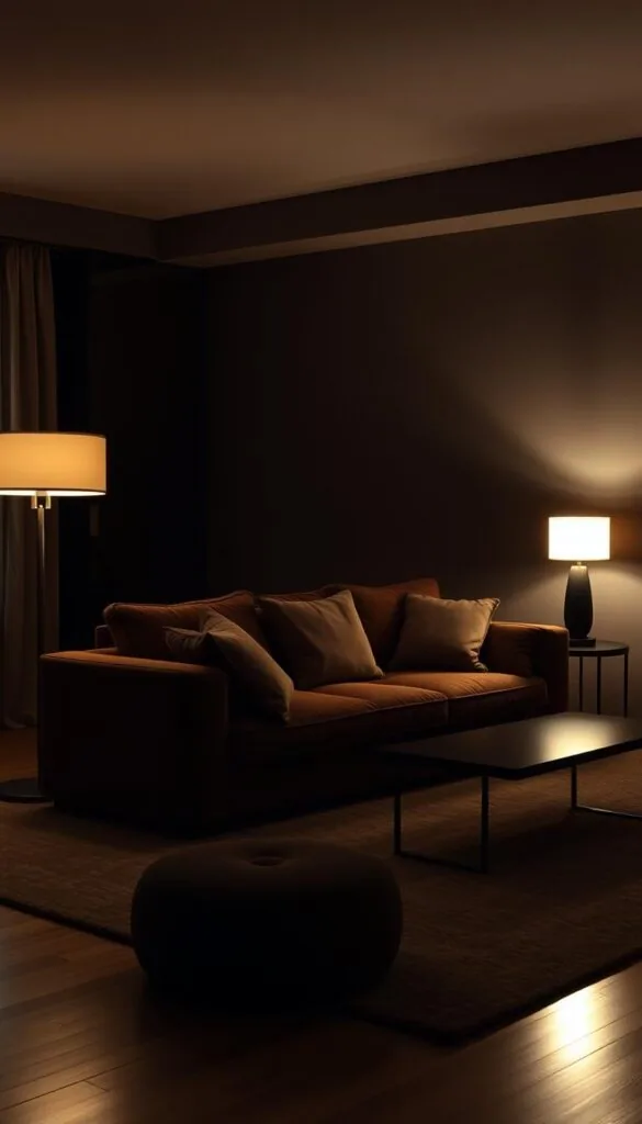a cozy, dimly lit living room with a balanced interplay of light and dark elements. a large, plush sofa in a deep, earthy tone takes center stage, flanked by two sleek, modern floor lamps that cast a warm, ambient glow. the walls are painted in a rich, moody shade, creating a sense of depth and drama. in the corner, a minimalist side table supports a single, sculptural lamp, its soft light adding depth and visual interest. the hardwood floors are covered by a large, textured area rug, grounding the space. the overall atmosphere is one of sophisticated, moody elegance, where the strategic placement of light sources creates a harmonious balance between light and shadow.