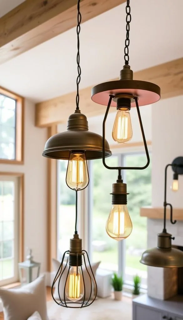 a cozy farmhouse-style living room with natural wood beams, cream-colored walls, and a large window overlooking a lush green landscape. In the foreground, a collection of rustic farmhouse-inspired lighting fixtures are displayed, including a metal pendant light with a distressed finish, a wooden chandelier with Edison-style bulbs, and a wall-mounted sconce with a galvanized metal shade. The lighting fixtures are arranged in a visually appealing and harmonious manner, casting a warm, inviting glow throughout the space. The scene is captured with a wide-angle lens, emphasizing the spaciousness and natural light of the room. The overall mood is one of comfort, simplicity, and a touch of country charm, perfectly suited for the "modern farmhouse living room" theme. a cozy farmhouse-style living room with natural wood beams, cream-colored walls, and a large window overlooking a lush green landscape. In the foreground, a collection of rustic farmhouse-inspired lighting fixtures are displayed, including a metal pendant light with a distressed finish, a wooden chandelier with Edison-style bulbs, and a wall-mounted sconce with a galvanized metal shade. The lighting fixtures are arranged in a visually appealing and harmonious manner, casting a warm, inviting glow throughout the space. The scene is captured with a wide-angle lens, emphasizing the spaciousness and natural light of the room. The overall mood is one of comfort, simplicity, and a touch of country charm, perfectly suited for the "modern farmhouse living room" theme.