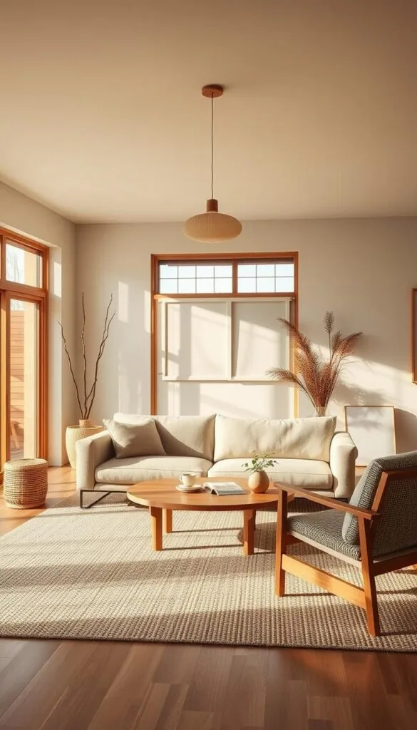 a cozy japandi living room with clean-lined furniture made of natural materials like wood and woven textures, bathed in warm, diffused lighting from large windows and a minimalist pendant light. the space has a serene, earthy palette with tones of beige, brown, and sage green. a low-profile sofa with smooth curves sits atop a textured area rug, surrounded by a wooden coffee table and armchair. the overall aesthetic is one of understated elegance and harmonious simplicity.