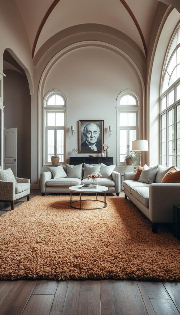 a cozy, well-lit living room interior with a prominent, textured area rug as the focal point. The rug has a rich, warm color palette and a tactile, high-pile pattern that adds visual depth and a sense of luxury. It is surrounded by neutral-toned furniture, such as a plush sofa and armchairs, creating a harmonious and inviting atmosphere. The lighting is soft and diffused, highlighting the rug's intricate details and lending a tranquil, contemplative mood to the space. The room's architecture features elegant architectural elements, like arched doorways and large windows that allow natural light to flood the area, further accentuating the rug's prominent role as a textural foundation for the living space. a cozy, well-lit living room interior with a prominent, textured area rug as the focal point. The rug has a rich, warm color palette and a tactile, high-pile pattern that adds visual depth and a sense of luxury. It is surrounded by neutral-toned furniture, such as a plush sofa and armchairs, creating a harmonious and inviting atmosphere. The lighting is soft and diffused, highlighting the rug's intricate details and lending a tranquil, contemplative mood to the space. The room's architecture features elegant architectural elements, like arched doorways and large windows that allow natural light to flood the area, further accentuating the rug's prominent role as a textural foundation for the living space.