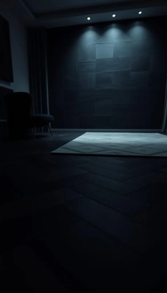 a dimly lit living room interior, the focus on a variety of dark-toned flooring options. the foreground features a herringbone hardwood pattern in deep espresso, the middle ground showcases a sleek black tile design with subtle veining, and the background displays a luxurious charcoal-colored area rug with a subtle geometric motif. the lighting is soft and moody, creating a cozy and inviting atmosphere. the scene is captured at a low angle, emphasizing the striking textures and hues of the flooring materials. the overall aesthetic evokes a sense of sophisticated elegance and warmth, perfectly complementing the "dark living room" theme.