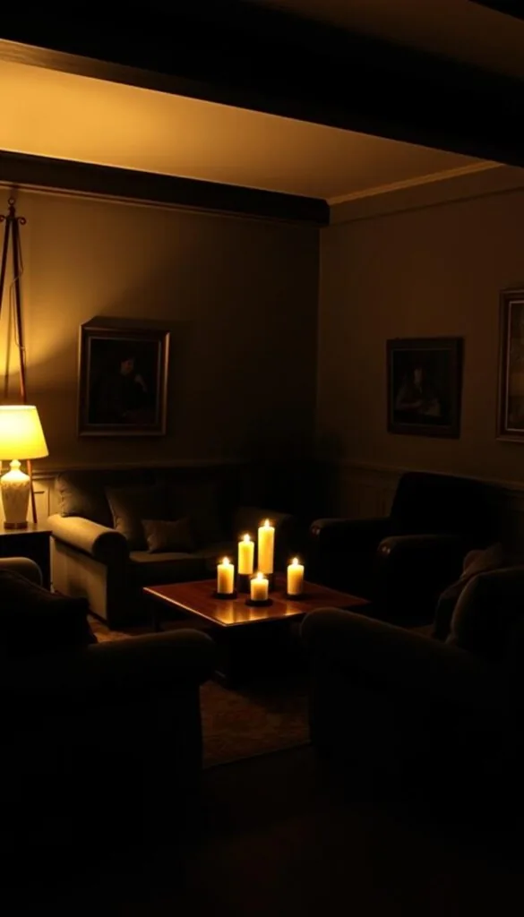 a dimly lit living room with a cozy, intimate conversation area. the space is illuminated by a soft, warm glow from a floor lamp and candles flickering on a low wooden coffee table. plush, oversized armchairs are arranged in a semicircle, inviting guests to sit and engage in deep, reflective discussions. the walls are adorned with rich, textured fabrics and vintage art, creating a sense of timelessness. the atmosphere is one of tranquility and introspection, encouraging open and thoughtful exchanges between those gathered.