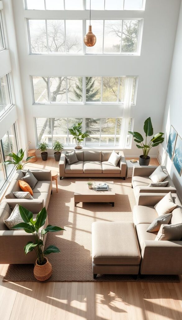 a flexible and open living room layout with a variety of modular furniture pieces that can be easily rearranged, including a comfortable sectional sofa, armchairs, and ottomans. the room is filled with natural light streaming in through large windows, creating a bright and airy atmosphere. the furniture is arranged in a conversational setup, with pieces positioned to encourage social interaction. the color palette features neutral tones accented with pops of greenery from potted plants, lending a modern and tranquil vibe. the overall scene conveys a sense of adaptability and versatility, where the layout can be continuously customized to suit different needs and preferences.