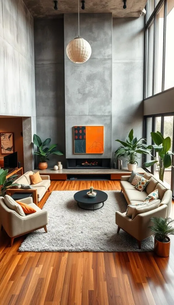 a large, open-concept mid-century modern living room with an atomic age design aesthetic. the space features a sunken conversation pit with curved, built-in seating arranged around a central fireplace. the walls are exposed concrete and glass, allowing natural light to flood the space. the floor is a warm-toned hardwood. the furniture is a mix of iconic mid-century pieces in muted earth tones and bright pops of color. a shag area rug anchors the seating area. large potted plants and abstract wall art add organic touches. the overall atmosphere is minimalist yet cozy, blending retro and contemporary elements. a large, open-concept mid-century modern living room with an atomic age design aesthetic. the space features a sunken conversation pit with curved, built-in seating arranged around a central fireplace. the walls are exposed concrete and glass, allowing natural light to flood the space. the floor is a warm-toned hardwood. the furniture is a mix of iconic mid-century pieces in muted earth tones and bright pops of color. a shag area rug anchors the seating area. large potted plants and abstract wall art add organic touches. the overall atmosphere is minimalist yet cozy, blending retro and contemporary elements.