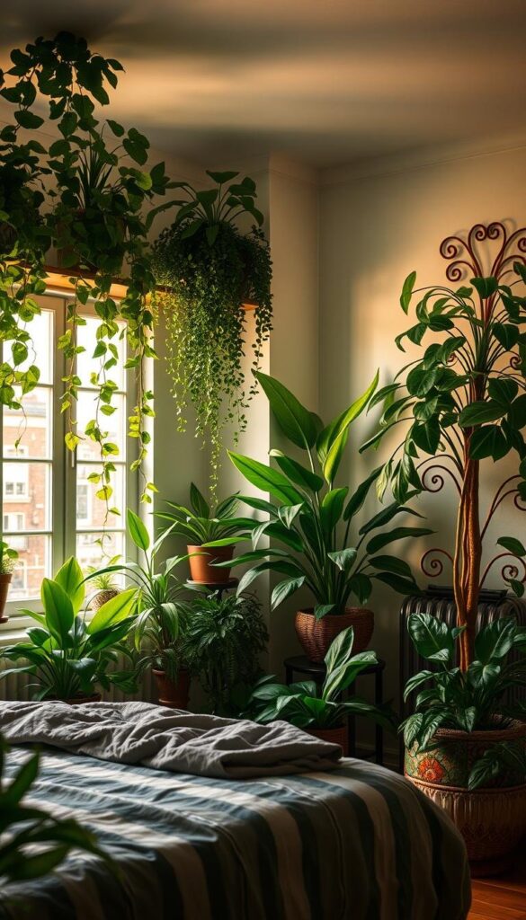 a lush, verdant bedroom with an abundance of thriving green plants, including leafy potted plants, trailing vines cascading from shelves, and a large, ornate floor plant in the corner, creating a serene, nature-inspired atmosphere; the room is bathed in soft, warm lighting from a large window, casting a gentle glow on the plants and accentuating their vibrant foliage; the overall composition is balanced and harmonious, with the plants integrated seamlessly into the bedroom's decor, evoking a sense of tranquility and rejuvenation