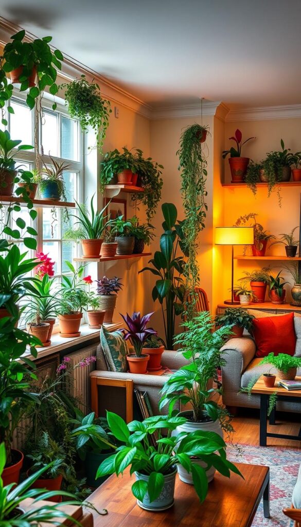 a lush, vibrant living room interior with a variety of colorful potted plants and foliage arranged tastefully throughout the space. the plants are placed on shelves, end tables, and windowsills, creating a natural, botanical ambiance. the room is bathed in warm, diffused lighting, casting a cozy, inviting glow. the plants feature a mix of leafy greens, vibrant flowers, and trailing vines, adding pops of color and texture to the room. the arrangement is carefully curated, with the plants complementing the other furnishings and decor seamlessly. the overall scene evokes a serene, nature-inspired atmosphere perfect for relaxation. a lush, vibrant living room interior with a variety of colorful potted plants and foliage arranged tastefully throughout the space. the plants are placed on shelves, end tables, and windowsills, creating a natural, botanical ambiance. the room is bathed in warm, diffused lighting, casting a cozy, inviting glow. the plants feature a mix of leafy greens, vibrant flowers, and trailing vines, adding pops of color and texture to the room. the arrangement is carefully curated, with the plants complementing the other furnishings and decor seamlessly. the overall scene evokes a serene, nature-inspired atmosphere perfect for relaxation.