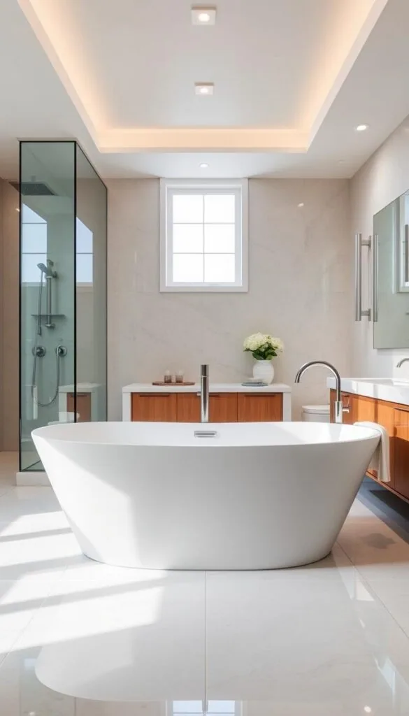 a luxurious freestanding bathtub in a modern bathroom, bathed in soft, diffused lighting from windows and overhead fixtures. the tub is positioned in the center of the frame, with clean lines and a minimalist design. the bathroom features high-end materials like polished stone, warm wood accents, and sleek fixtures. the scene has a serene, spa-like atmosphere, with a neutral color palette and a sense of balance and harmony. the camera angle is slightly elevated, capturing the tub from an angle that highlights its elegant, sculptural form.