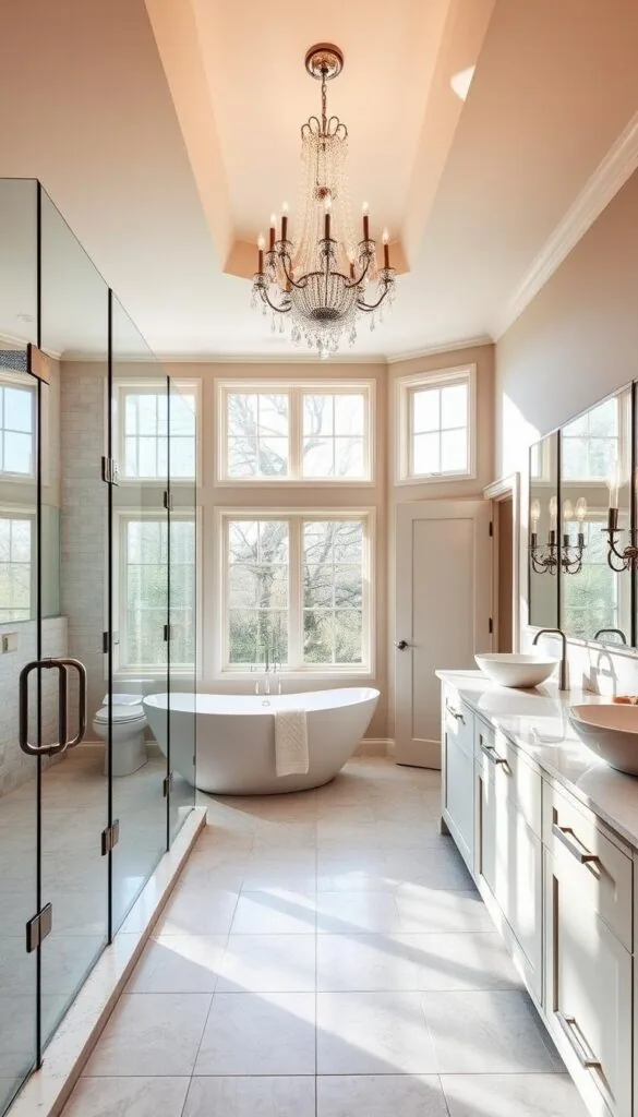 a luxurious guest bathroom in a contemporary style, featuring a large frameless glass shower enclosure with sleek chrome fixtures, a freestanding clawfoot bathtub under a sparkling crystal chandelier, and a double vanity with modern vessel sinks and a large mirror with elegant sconces. the room is bathed in warm, natural lighting filtering through large windows, with a neutral color palette of creams and grays accented by touches of wood and greenery. the space conveys a sense of tranquility and indulgence, creating a welcoming and relaxing atmosphere for guests.