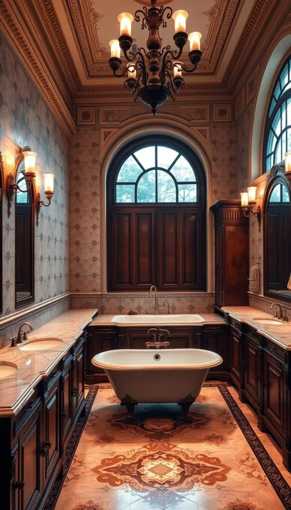 a magnificent traditional bathroom with ornate fixtures and fittings, elegant marble countertops, and a centrepiece claw-foot bathtub. The room is bathed in warm, ambient lighting from vintage-style sconces and a chandelier overhead, casting a soft glow and creating a sense of timeless luxury. Intricate tile patterns line the walls, complemented by rich wood cabinetry and antique-inspired hardware. A large, arched window allows natural light to filter in, illuminating the space and reflecting off the polished surfaces. The overall atmosphere evokes a sense of old-world charm and sophistication, creating a serene and indulgent sanctuary.