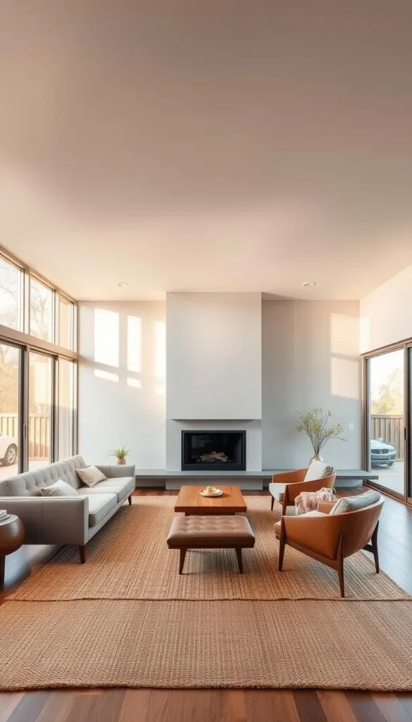 a mid century modern living room with a minimalist, open-concept design. the room features a large, low-profile sofa with clean lines and tufted upholstery in a neutral color palette. a pair of vintage-inspired armchairs flank a low, wooden coffee table. the walls are painted a soft, muted shade of gray, creating a calming and serene atmosphere. natural light floods the space through large, picture windows, casting a warm, golden glow throughout the room. the floor is covered in a plush, woven area rug in earthy tones. a sleek, angular fireplace with a minimalist mantel serves as the focal point of the room. the overall aesthetic is one of timeless elegance and understated sophistication, reflecting the enduring appeal of mid century modern design. a mid century modern living room with a minimalist, open-concept design. the room features a large, low-profile sofa with clean lines and tufted upholstery in a neutral color palette. a pair of vintage-inspired armchairs flank a low, wooden coffee table. the walls are painted a soft, muted shade of gray, creating a calming and serene atmosphere. natural light floods the space through large, picture windows, casting a warm, golden glow throughout the room. the floor is covered in a plush, woven area rug in earthy tones. a sleek, angular fireplace with a minimalist mantel serves as the focal point of the room. the overall aesthetic is one of timeless elegance and understated sophistication, reflecting the enduring appeal of mid century modern design.