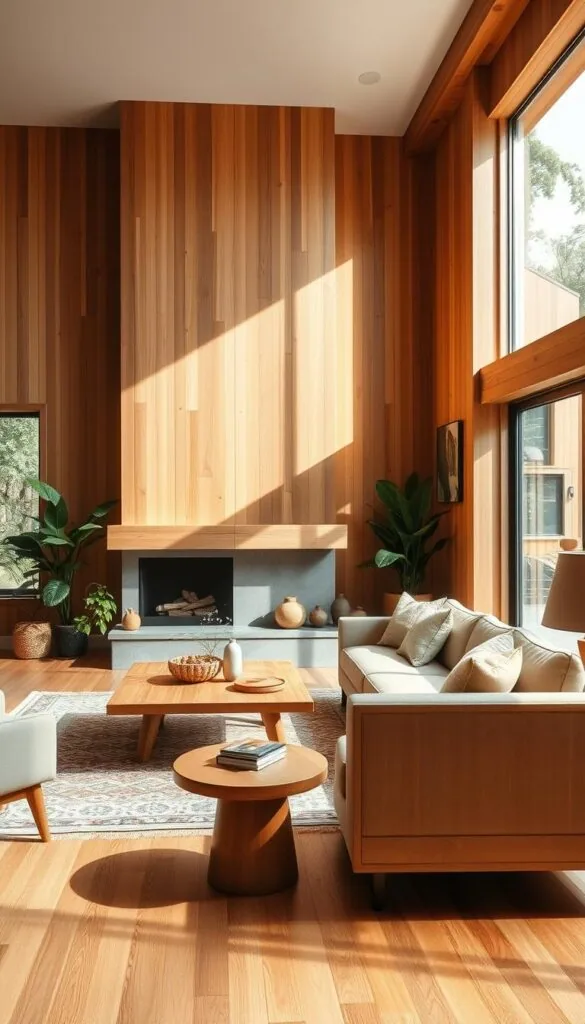 a mid-century modern living room with natural wood elements, a spacious and inviting atmosphere. the room is flooded with warm, natural lighting from large windows, highlighting the rich textures and tones of the wood furnishings. a sleek, low-profile sofa and armchair in a neutral palette are complemented by a wooden coffee table and side tables. the walls feature exposed wood paneling, and a minimalist, geometric fireplace with a wooden mantel anchors the space. potted plants and natural fiber decor add organic accents, creating a harmonious, nature-inspired ambiance. a mid-century modern living room with natural wood elements, a spacious and inviting atmosphere. the room is flooded with warm, natural lighting from large windows, highlighting the rich textures and tones of the wood furnishings. a sleek, low-profile sofa and armchair in a neutral palette are complemented by a wooden coffee table and side tables. the walls feature exposed wood paneling, and a minimalist, geometric fireplace with a wooden mantel anchors the space. potted plants and natural fiber decor add organic accents, creating a harmonious, nature-inspired ambiance.