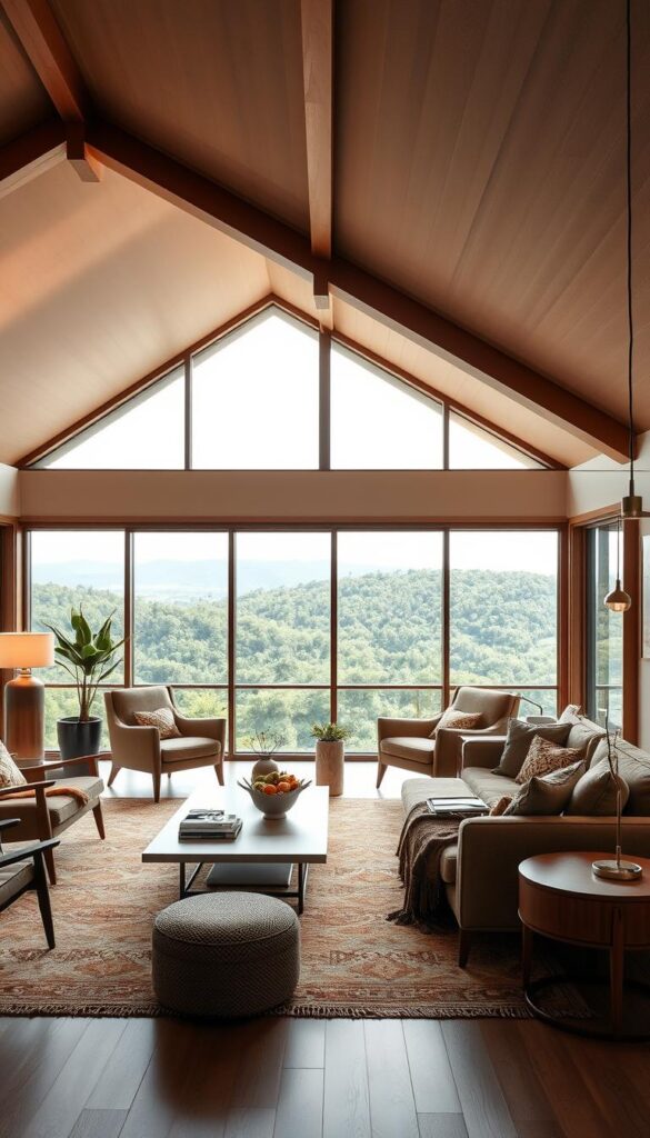 a mid-century modern living room with sleek, clean-lined furniture in natural wood tones and earth-toned upholstery. Accented with bold geometric patterns, warm metallic touches, and vintage-inspired lighting. Soft, diffused lighting illuminates the space, creating a cozy, inviting atmosphere. Large windows offer a panoramic view of a lush, verdant landscape outside, blurring the line between indoor and outdoor. The arrangement is balanced and harmonious, evoking a sense of timeless sophistication and understated elegance. a mid-century modern living room with sleek, clean-lined furniture in natural wood tones and earth-toned upholstery. Accented with bold geometric patterns, warm metallic touches, and vintage-inspired lighting. Soft, diffused lighting illuminates the space, creating a cozy, inviting atmosphere. Large windows offer a panoramic view of a lush, verdant landscape outside, blurring the line between indoor and outdoor. The arrangement is balanced and harmonious, evoking a sense of timeless sophistication and understated elegance.
