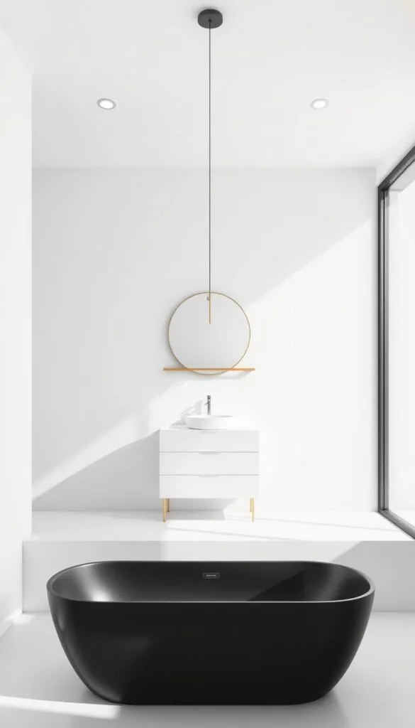 a minimalist bathroom design with a clean, modern aesthetic. the foreground features a sleek, rectangular bathtub with a matte black finish, positioned against a stark white wall. the middle ground showcases a simple vanity unit with a floating shelf above, accentuated by a circular mirror with a thin metal frame. the background is dominated by large, frameless windows that allow natural light to flood the space, creating a bright and airy atmosphere. the overall palette is muted, with a focus on neutral tones and smooth, uninterrupted surfaces. the lighting is subtle, with a minimalist pendant or recessed fixtures casting a warm, even glow throughout the room. the composition emphasizes simplicity, functionality, and a sense of calm.