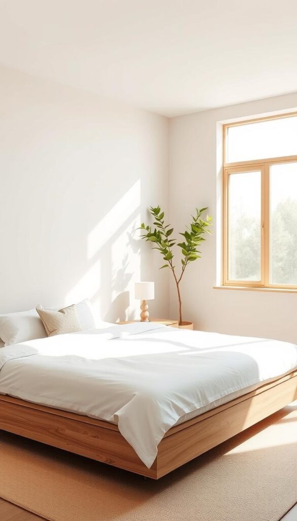 a minimalist bedroom design with a focus on clean lines, natural materials, and calming tones. a large window floods the space with soft, natural light, casting a warm glow over the muted color palette. a low-profile platform bed takes center stage, adorned with crisp, white bedding and a single, decorative throw pillow. a sleek, wood-framed nightstand holds a simple, minimalist lamp. in the corner, a tall, leafy houseplant adds a touch of organic texture. the walls are painted a soothing, neutral shade, free of any artwork or decor. the overall atmosphere is one of tranquility and simplicity, inviting rest and relaxation.