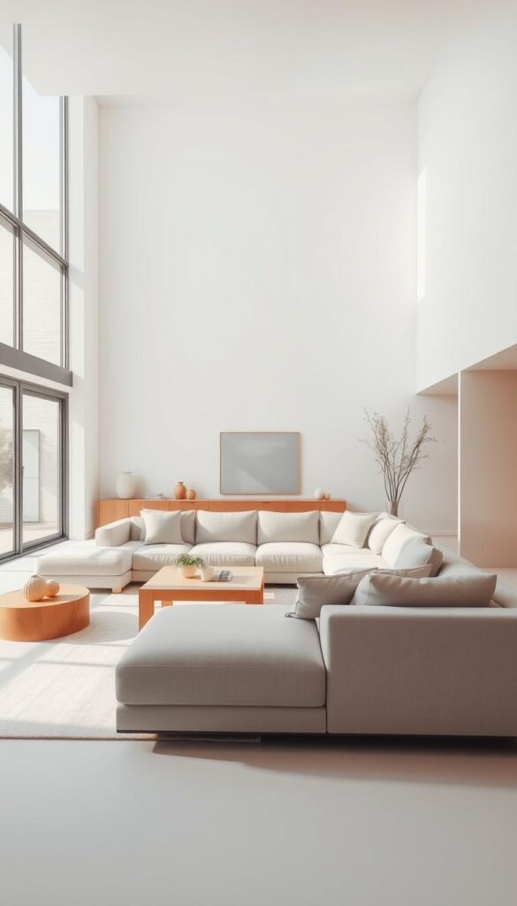 a minimalist living room with clean, simple lines and a focus on functionality and open space. The room features a neutral color palette of whites, grays, and natural wood tones, creating a calming and serene atmosphere. A large, low-profile sofa takes center stage, complemented by a minimalist coffee table and a few carefully selected decor pieces. The room is flooded with natural light from large windows, creating a bright and airy ambiance. The lighting is soft and diffused, casting a warm glow throughout the space. The overall impression is one of elegance, simplicity, and a focus on the essentials, reflecting the principles of minimalist design.