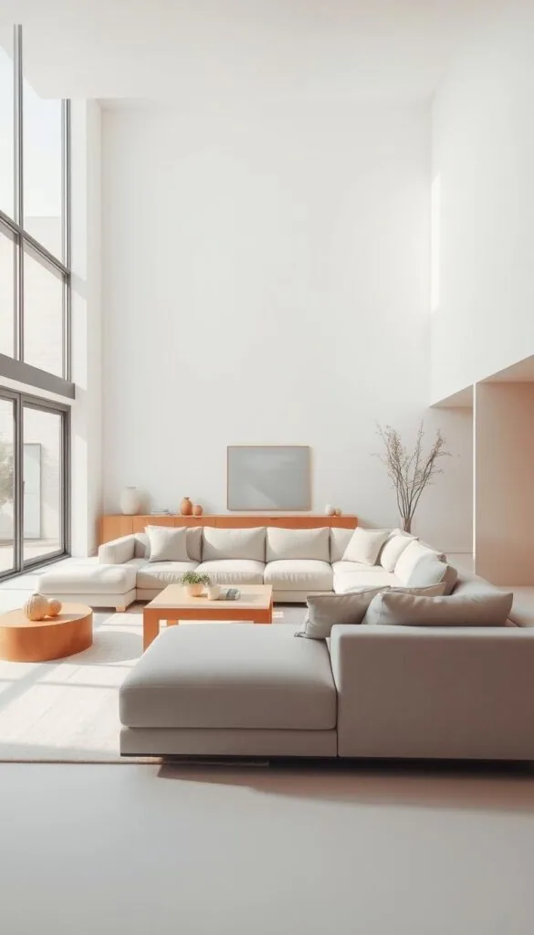 a minimalist living room with clean, simple lines and a focus on functionality and open space. The room features a neutral color palette of whites, grays, and natural wood tones, creating a calming and serene atmosphere. A large, low-profile sofa takes center stage, complemented by a minimalist coffee table and a few carefully selected decor pieces. The room is flooded with natural light from large windows, creating a bright and airy ambiance. The lighting is soft and diffused, casting a warm glow throughout the space. The overall impression is one of elegance, simplicity, and a focus on the essentials, reflecting the principles of minimalist design.