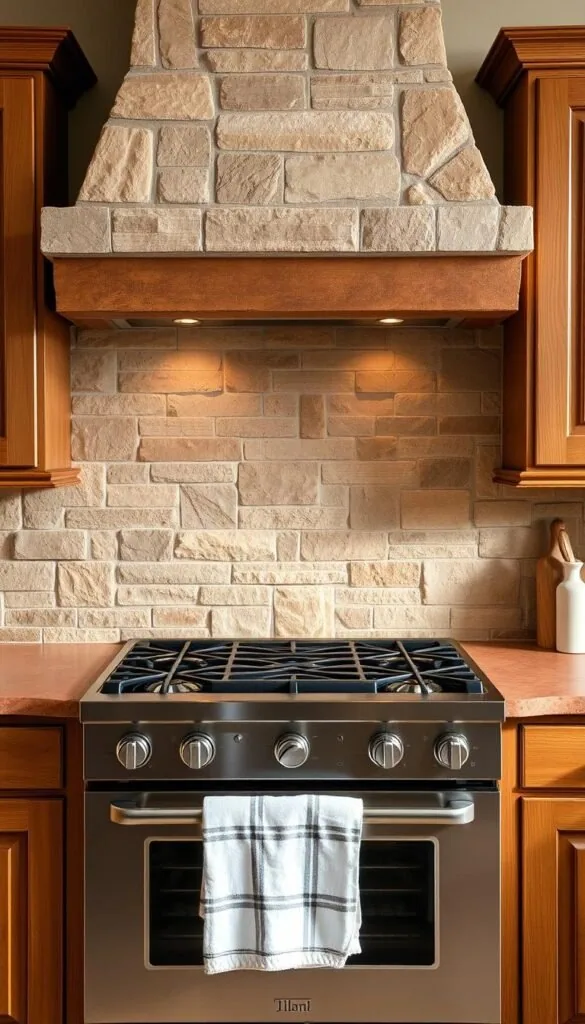 a rustic, elegant kitchen backsplash made of natural stone with a unique, textured surface. the backsplash spans the entire wall behind the stove, creating a focal point in the space. the stone features a mix of earthy tones, including warm browns, grays, and subtle veining. the surface has a slightly uneven, handcrafted appearance, giving it an authentic, timeless quality. the lighting is soft and natural, accentuating the depth and character of the stone. the backsplash is complemented by wooden cabinets and countertops, creating a harmonious, cozy atmosphere that evokes the feeling of a rustic, countryside kitchen. a rustic, elegant kitchen backsplash made of natural stone with a unique, textured surface. the backsplash spans the entire wall behind the stove, creating a focal point in the space. the stone features a mix of earthy tones, including warm browns, grays, and subtle veining. the surface has a slightly uneven, handcrafted appearance, giving it an authentic, timeless quality. the lighting is soft and natural, accentuating the depth and character of the stone. the backsplash is complemented by wooden cabinets and countertops, creating a harmonious, cozy atmosphere that evokes the feeling of a rustic, countryside kitchen.