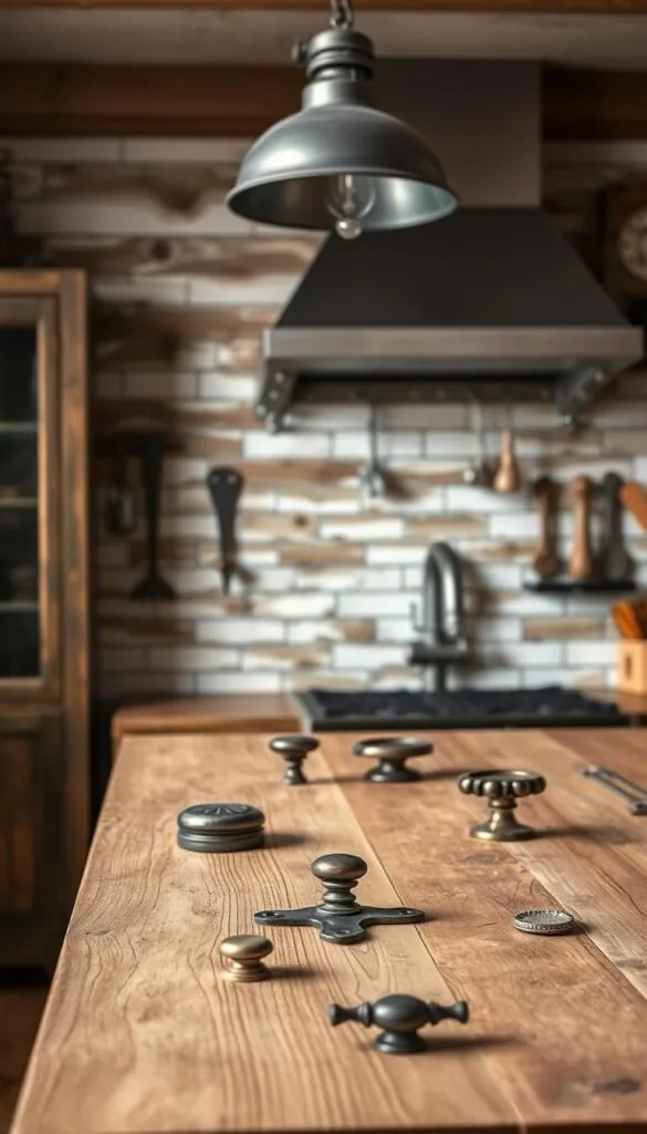 a rustic kitchen interior with vintage-inspired hardware and metal accents. in the foreground, a wooden kitchen island or countertop with an assortment of aged metal cabinet pulls, knobs, and hinges in a variety of finishes - antique brass, oxidized steel, and hammered iron. on the wall behind, a backsplash of distressed subway tiles or reclaimed wood panels. hanging above, a vintage-style metal light fixture with an industrial design. the overall mood is one of warm, lived-in charm, with a focus on natural textures and time-worn details that evoke the character of an older, well-loved kitchen space. lighting is soft and natural, creating a cozy, inviting atmosphere. the composition emphasizes the interplay of the rustic metal hardware against the aged, weathered surfaces. a rustic kitchen interior with vintage-inspired hardware and metal accents. in the foreground, a wooden kitchen island or countertop with an assortment of aged metal cabinet pulls, knobs, and hinges in a variety of finishes - antique brass, oxidized steel, and hammered iron. on the wall behind, a backsplash of distressed subway tiles or reclaimed wood panels. hanging above, a vintage-style metal light fixture with an industrial design. the overall mood is one of warm, lived-in charm, with a focus on natural textures and time-worn details that evoke the character of an older, well-loved kitchen space. lighting is soft and natural, creating a cozy, inviting atmosphere. the composition emphasizes the interplay of the rustic metal hardware against the aged, weathered surfaces.