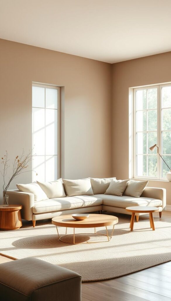 a serene, minimalist living room with a monochromatic color palette, bathed in soft, diffused natural light filtering through large windows. the room features clean, uncluttered lines, with a plush, neutral-toned sofa as the central focal point. the walls are painted in a soothing, earthy tone, complemented by subtle textural elements like a woven area rug and a wooden coffee table. the overall atmosphere is one of tranquility and understated elegance, creating a peaceful sanctuary for relaxation and contemplation.