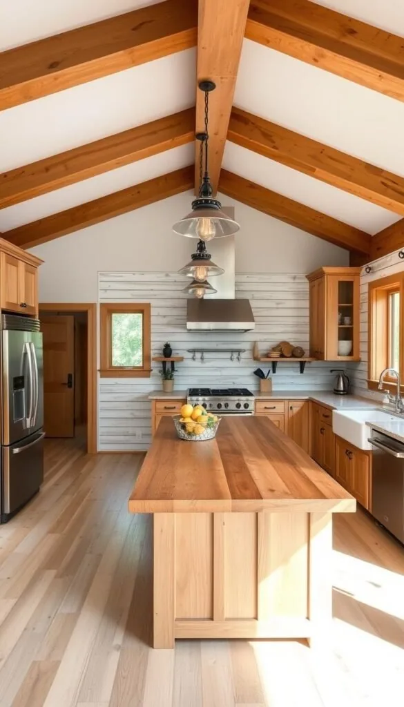 a spacious and well-lit modern rustic kitchen with stainless steel appliances, including a sleek refrigerator, gas range, and dishwasher, set against a backdrop of warm wood tones and exposed beams. the kitchen features a large central island with a farmhouse-style wooden countertop, providing ample prep space and seating. the walls are adorned with distressed shiplap paneling, complemented by vintage-inspired light fixtures and a farmhouse-style sink. the overall atmosphere is a harmonious blend of contemporary and traditional elements, creating a cozy and inviting space that seamlessly combines modern functionality with rustic charm. a spacious and well-lit modern rustic kitchen with stainless steel appliances, including a sleek refrigerator, gas range, and dishwasher, set against a backdrop of warm wood tones and exposed beams. the kitchen features a large central island with a farmhouse-style wooden countertop, providing ample prep space and seating. the walls are adorned with distressed shiplap paneling, complemented by vintage-inspired light fixtures and a farmhouse-style sink. the overall atmosphere is a harmonious blend of contemporary and traditional elements, creating a cozy and inviting space that seamlessly combines modern functionality with rustic charm.
