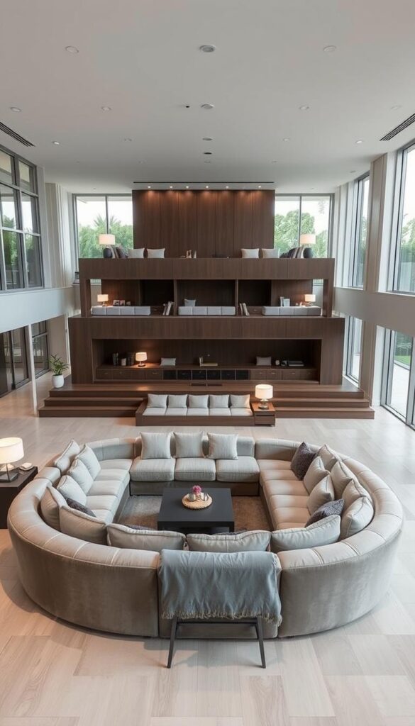 a spacious, open-concept living room with a multi-level seating arrangement designed to maximize space utilization. in the foreground, a sunken conversation pit with plush, modular sofas arranged in a semicircle, encouraging social interaction. the middle ground features a raised platform with additional seating, including built-in benches and ottomans, creating a layered, dynamic layout. the background showcases floor-to-ceiling windows that flood the room with natural light, blurring the boundaries between indoor and outdoor spaces. the overall aesthetic is modern and minimalist, with clean lines, neutral tones, and carefully curated decor elements that enhance the sense of openness and flow. the lighting is a combination of recessed ceiling fixtures and strategically placed floor lamps, creating a warm, inviting ambiance.
