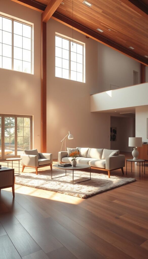 a spacious open-plan living room with a floating furniture arrangement, sunlight streaming through large windows, creating a warm, inviting atmosphere. In the foreground, a mid-century modern-style sofa and armchairs gently levitate above a plush area rug, their forms seemingly defying gravity. In the middle ground, a sleek, minimalist coffee table and end tables hover alongside, complementing the floating furniture. The background features high ceilings, exposed beams, and a neutral color palette, creating a sense of openness and tranquility. The lighting is soft and natural, with a hint of a golden glow, enhancing the serene, dreamlike quality of the scene.