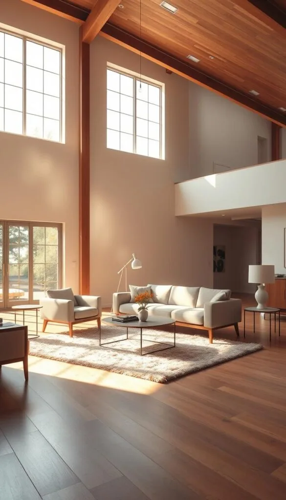 a spacious open-plan living room with a floating furniture arrangement, sunlight streaming through large windows, creating a warm, inviting atmosphere. In the foreground, a mid-century modern-style sofa and armchairs gently levitate above a plush area rug, their forms seemingly defying gravity. In the middle ground, a sleek, minimalist coffee table and end tables hover alongside, complementing the floating furniture. The background features high ceilings, exposed beams, and a neutral color palette, creating a sense of openness and tranquility. The lighting is soft and natural, with a hint of a golden glow, enhancing the serene, dreamlike quality of the scene.