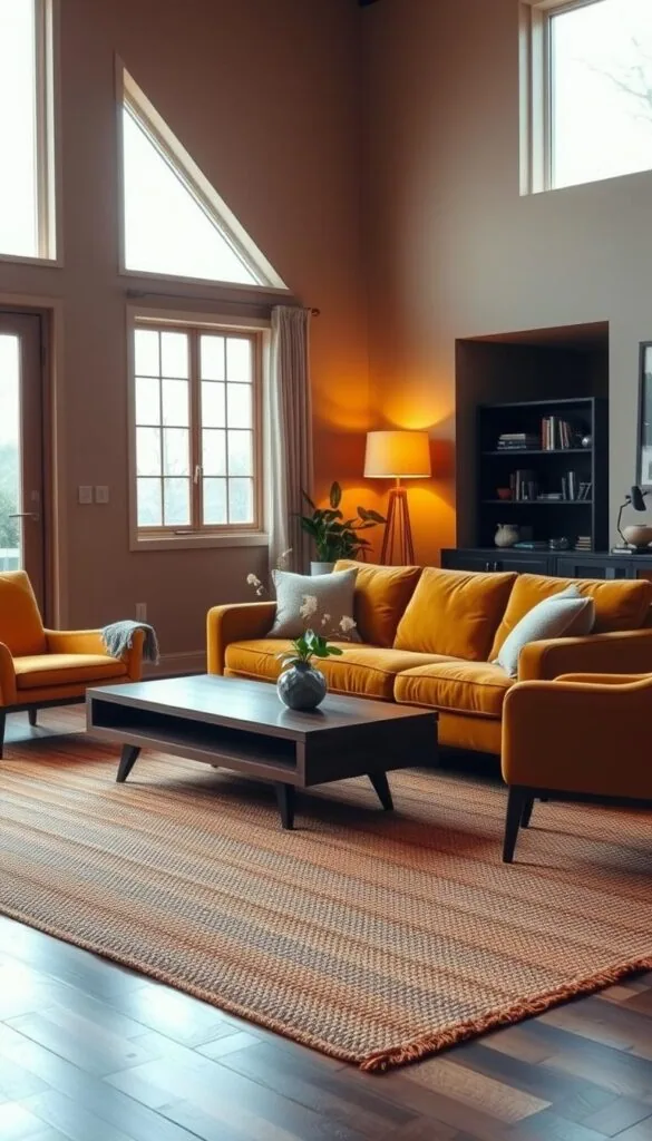 a warm and inviting living room with a mid-century modern aesthetic, featuring a plush velvet sofa in a rich ochre hue, complemented by a pair of mustard-yellow armchairs. A low-profile, walnut-toned coffee table grounds the space, while a vintage-inspired floor lamp casts a soft, amber glow. The walls are painted in a soothing, earthy tone, and a large, woven area rug in shades of terracotta and sienna anchors the room. Natural light filters in through large windows, creating a cozy and serene atmosphere. The overall effect is a harmonious blend of modern and vintage elements, conveying a sense of timeless elegance and comfort. a warm and inviting living room with a mid-century modern aesthetic, featuring a plush velvet sofa in a rich ochre hue, complemented by a pair of mustard-yellow armchairs. A low-profile, walnut-toned coffee table grounds the space, while a vintage-inspired floor lamp casts a soft, amber glow. The walls are painted in a soothing, earthy tone, and a large, woven area rug in shades of terracotta and sienna anchors the room. Natural light filters in through large windows, creating a cozy and serene atmosphere. The overall effect is a harmonious blend of modern and vintage elements, conveying a sense of timeless elegance and comfort.