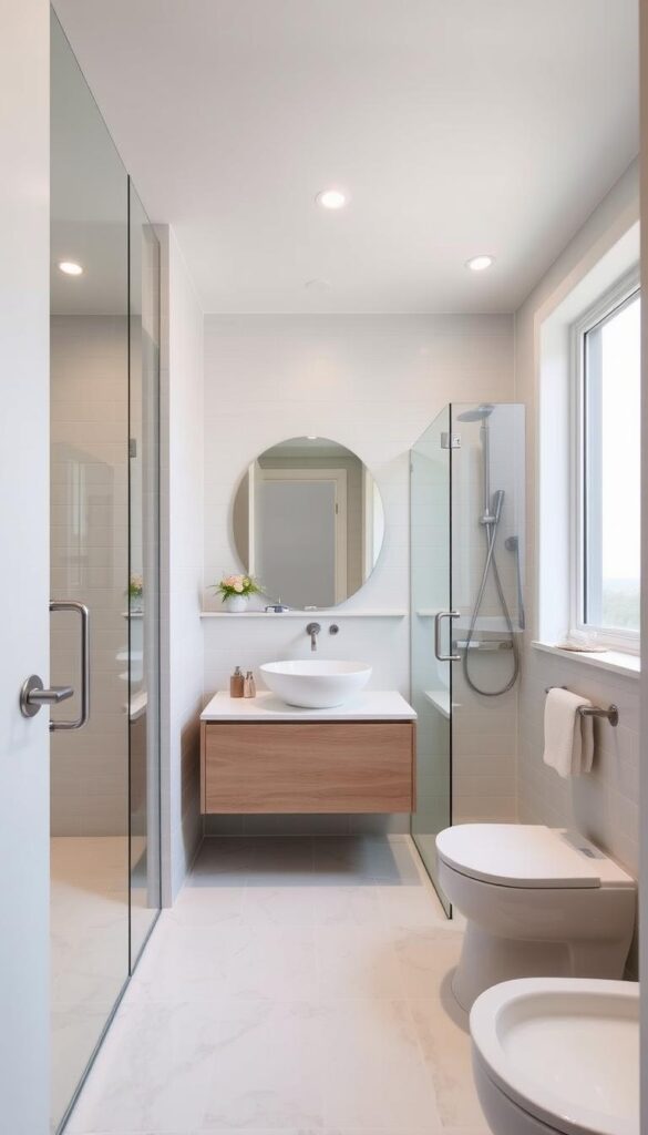 a well-designed small bathroom with light-colored tiles, a vanity with a modern vessel sink, and a frameless glass shower enclosure. The space is bright and airy, with recessed lighting and a large window that floods the room with natural light. The layout is efficient, with a floating vanity and minimalist accessories to create a clean, uncluttered look. The color palette is calming, with soft grays and whites, accented by touches of wood or metallic finishes. The overall impression is of a spa-like retreat, where every inch of space is thoughtfully utilized for maximum functionality and visual appeal. a well-designed small bathroom with light-colored tiles, a vanity with a modern vessel sink, and a frameless glass shower enclosure. The space is bright and airy, with recessed lighting and a large window that floods the room with natural light. The layout is efficient, with a floating vanity and minimalist accessories to create a clean, uncluttered look. The color palette is calming, with soft grays and whites, accented by touches of wood or metallic finishes. The overall impression is of a spa-like retreat, where every inch of space is thoughtfully utilized for maximum functionality and visual appeal.