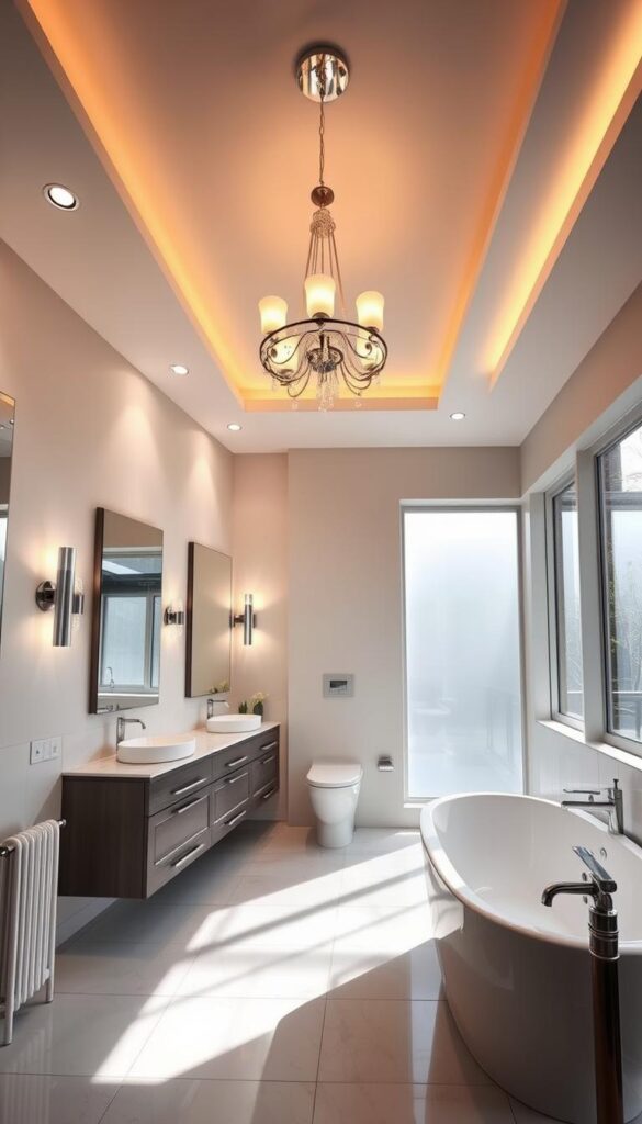 a well-lit bathroom with a variety of contemporary lighting fixtures, including a statement chandelier or pendant light over a sleek vanity with modern mirrors, recessed ceiling lights casting a warm glow, and discreet wall sconces illuminating the room's corners, creating a cozy and luxurious ambiance; the bathroom features clean, minimalist tile or stone flooring, with large windows or skylights allowing for natural light to flow in, resulting in a bright, airy, and spa-like atmosphere a well-lit bathroom with a variety of contemporary lighting fixtures, including a statement chandelier or pendant light over a sleek vanity with modern mirrors, recessed ceiling lights casting a warm glow, and discreet wall sconces illuminating the room's corners, creating a cozy and luxurious ambiance; the bathroom features clean, minimalist tile or stone flooring, with large windows or skylights allowing for natural light to flow in, resulting in a bright, airy, and spa-like atmosphere