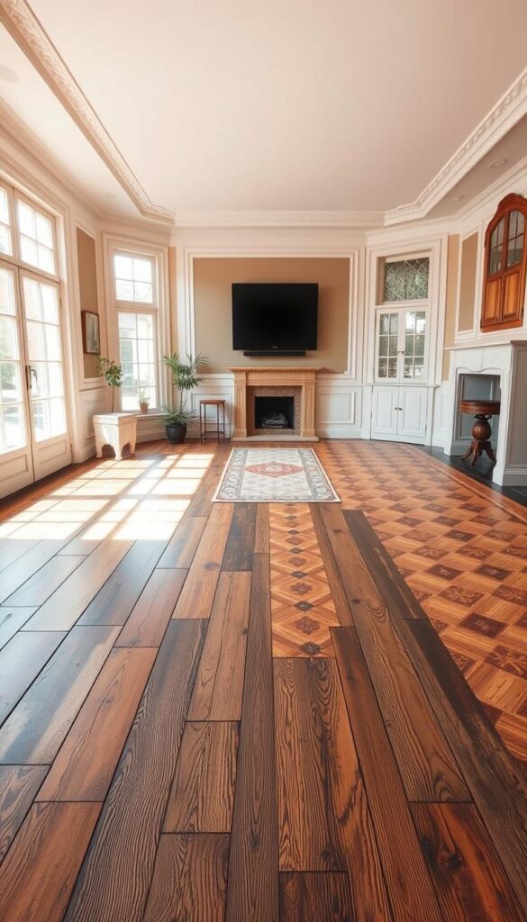 a well-lit living room interior with authentic vintage flooring options showcased, including weathered wood planks, ornate tile patterns, and elegant parquet floors. the room has a warm, inviting atmosphere with natural lighting filtering through large windows, casting a soft glow on the various flooring materials. the flooring takes center stage, highlighting the intricate textures, colors, and patterns that define the vintage aesthetic. the room is sparsely furnished, allowing the flooring to be the focal point. the overall scene conveys a sense of timeless elegance and historical charm suitable for a "vintage living room" article. a well-lit living room interior with authentic vintage flooring options showcased, including weathered wood planks, ornate tile patterns, and elegant parquet floors. the room has a warm, inviting atmosphere with natural lighting filtering through large windows, casting a soft glow on the various flooring materials. the flooring takes center stage, highlighting the intricate textures, colors, and patterns that define the vintage aesthetic. the room is sparsely furnished, allowing the flooring to be the focal point. the overall scene conveys a sense of timeless elegance and historical charm suitable for a "vintage living room" article.