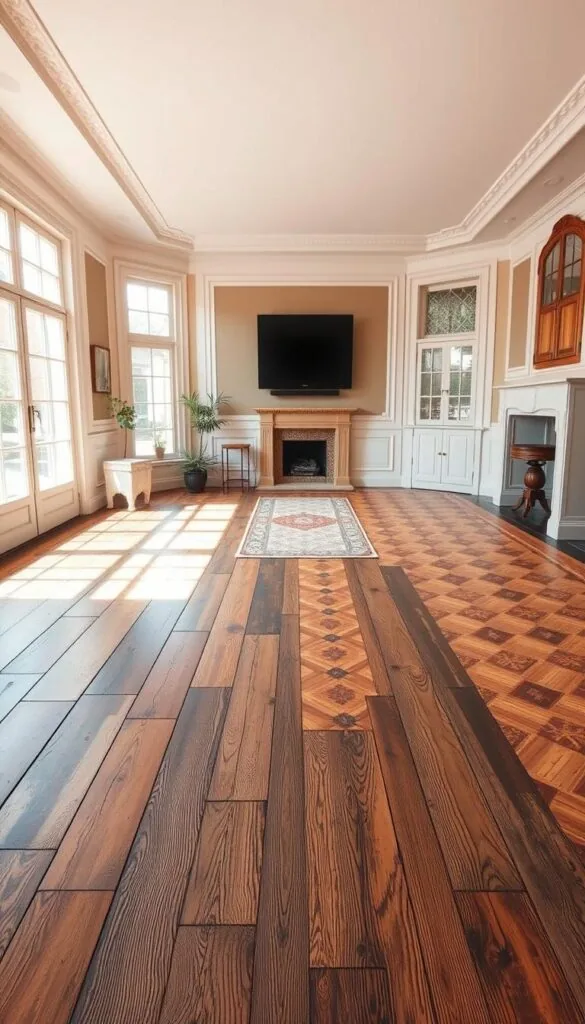 a well-lit living room interior with authentic vintage flooring options showcased, including weathered wood planks, ornate tile patterns, and elegant parquet floors. the room has a warm, inviting atmosphere with natural lighting filtering through large windows, casting a soft glow on the various flooring materials. the flooring takes center stage, highlighting the intricate textures, colors, and patterns that define the vintage aesthetic. the room is sparsely furnished, allowing the flooring to be the focal point. the overall scene conveys a sense of timeless elegance and historical charm suitable for a "vintage living room" article.