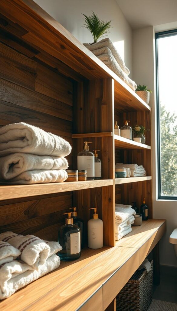 bathroom organization shelves with towels and toiletries
