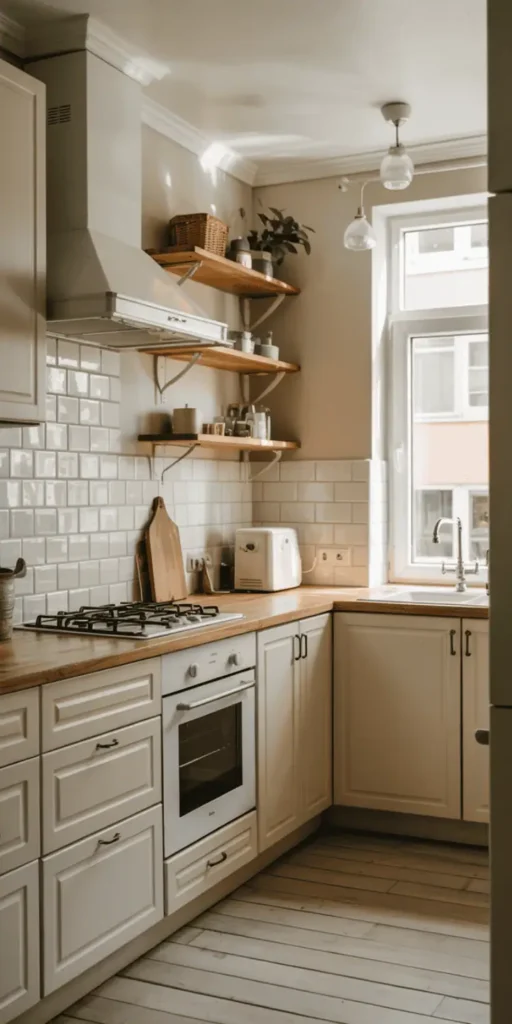 Modern beige kitchen with open shelving and textured accents