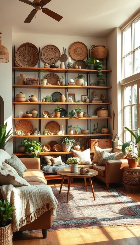 bohemian open shelving living room design