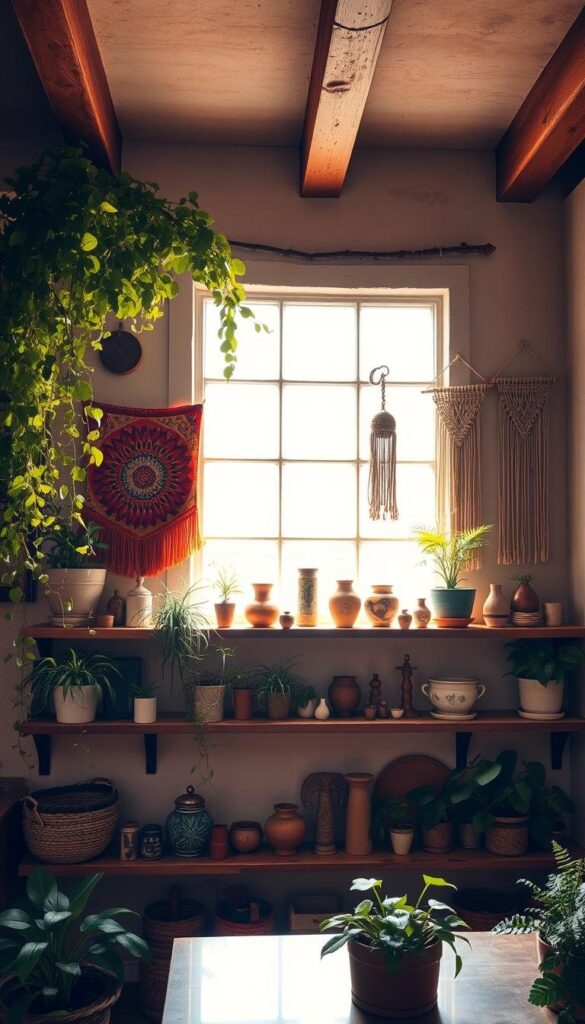 bohemian style shelves with plants and textiles
