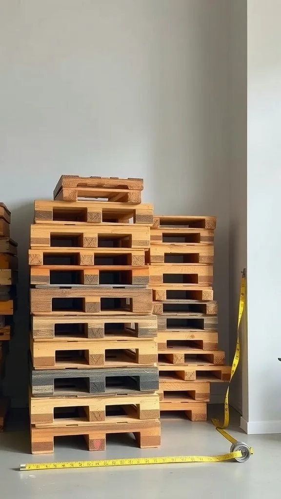 A stack of wooden pallets with a measuring tape resting on the floor.